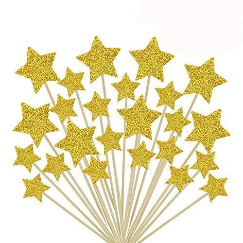Book Cover HYOUNINGF 50 Pcs Gold Star Cupcake Toppers,Star Cupcake Toppers Twinkle Twinkle Little Star Decorations Birthday Cupcake Toppers Glitter Gold Cupcake Toppers for Party Cake Decorations