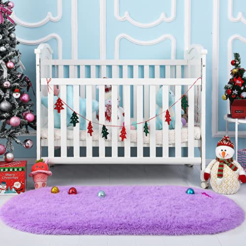 Book Cover YJ.GWL Oval Fluffy Area Rugs for Bedroom and Living Room Shaggy Cute Plush Nursery Carpet for Kids Baby Girls Bedroom and Dorm Fuzzy Home Decor Carpet 2.6' X 5.3' Purple