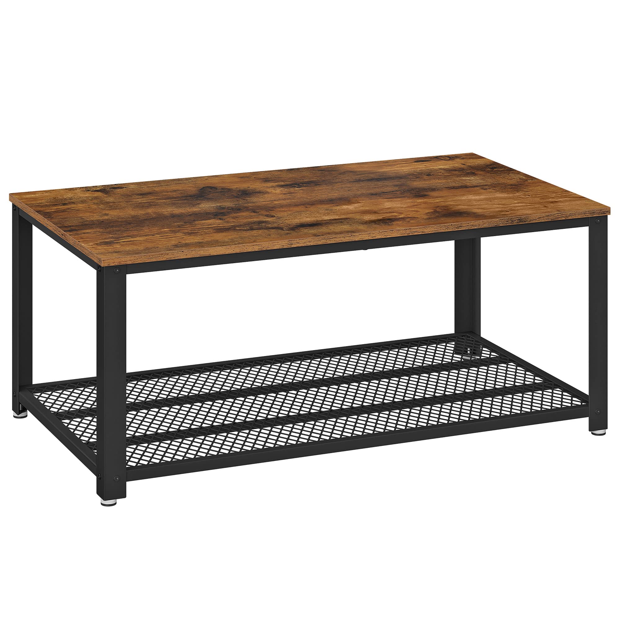 Book Cover VASAGLE Coffee Table for Living Room, 2-Tier Cocktail Table, Center Table with Mesh Shelf, Steel Frame, Adjustable Feet, Industrial Style, Rustic Brown and Black ULCT61X Rectangle