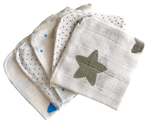 Babymajawelt® Débarbouillette 25x25 Premium, coton, ensemble de 5, serviettes, gants de toilette pour les soins de bébé (stars bleu-gris)