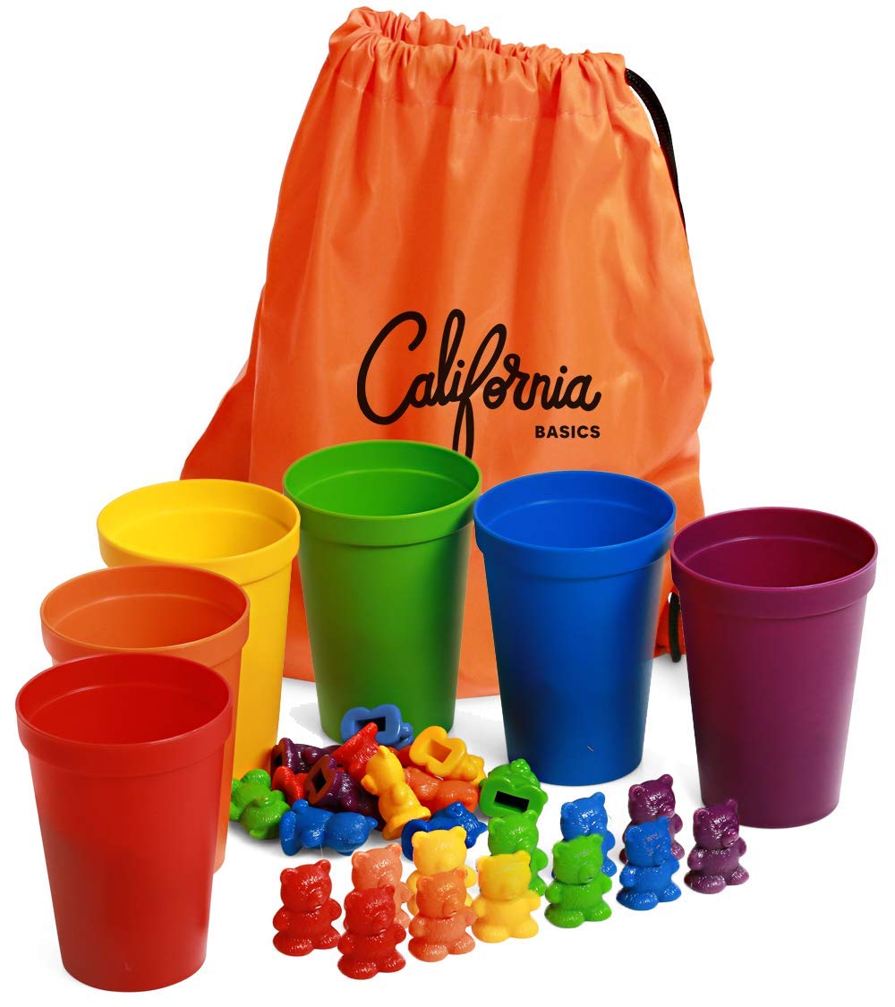Book Cover Rainbow Counting Bears with Sorting Cups – 72 Piece Color Sorting Toys + Free Carrying Bag – Education Toys for Toddler Color Learning – Montessori Counting Toy by California Basics