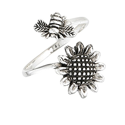 Open Adjustable Bee Sunflower Flower Thumb Ring Sterling Silver Band Size 7