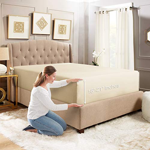 Book Cover Empyrean Bedding King Fitted Sheet Deep Pocket - Extra Deep Fitted Sheets King for 18-21 Inch Beds - King Size Fitted Sheet Only Deep Pocket for A Great Fit - Deep Pocket Fitted Sheet - Cream Beige