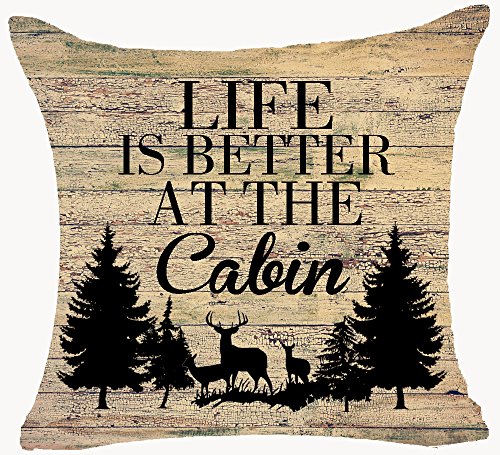 Book Cover Retro Vintage Wood Grain Background Wildlife Deer Pine Forest Life is Better at The Cabin Cotton Linen Throw Pillowcase Personalized Cushion Cover New Home Office Decorative Square 18 X 18 InchesÂ¡Â­