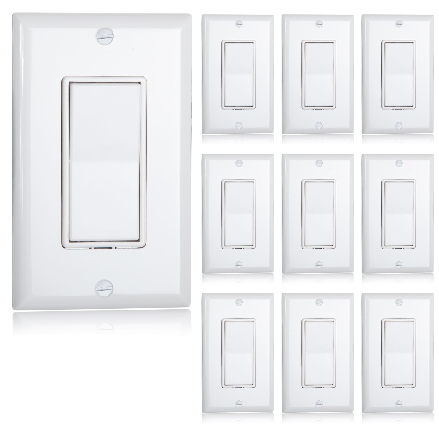 Maxxima Single Pole Decorative Wall Switch 15A On/Off White, Rocker Light Switch Wall Plates Included (Pack of 10)