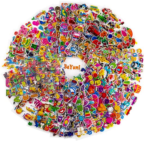 BeYumi 3D Puffy Stickers for Kids Toddlers, 58 Different Sheets Bulk Stickers, 1800+ Pcs Kids Stickers for Scrapbooking Bullet Journaling, Including Animals, Cars, Alphabet, Dinosaur, Vehicle and More