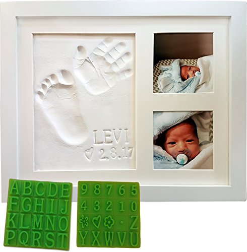 Baby Handprint & Footprint Keepsake Photo Frame Kit - Personzalize it w/Free Stencil! Non-Toxic Clay, Wall/Table Wood Picture Frame. Perfect Registry, Baby Shower, New Mom, Birthday & Newborn Gift!