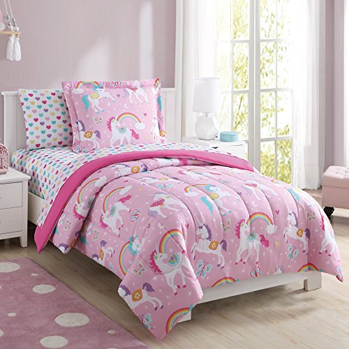 Book Cover Super Soft, Cute, Fun and Whimsical Mainstays Kids Rainbow Unicorn With Images of Unicorns. Butterflies and Rainbows Girls Bed in a Bag Complete Bedding Set, Pink, Twin