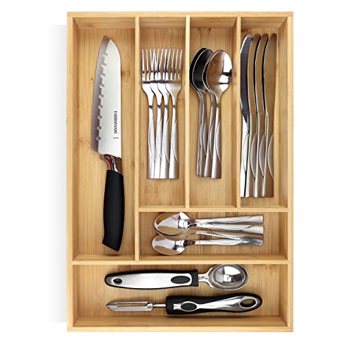 PRISTINE BAMBOO 10 inch silverware tray organizerâ€“ Flatware Utensil Cutlery Silverware Holder for Drawer â€“ Small Extra-Deep Wooden Kitchen Drawer Organizer Divider for Spoons Forks Knives cutleries