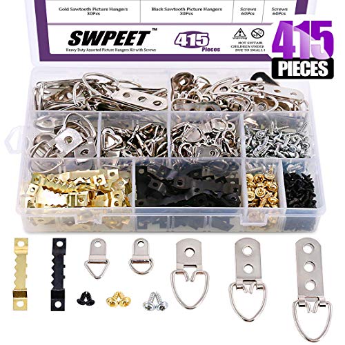 Swpeet 415 Pcs Heavy Duty Assorted Picture Hangers Kit with Screws, Picture Hangers Assortment Kit for Picture Hanging Solutions with Transparent Box - 7 Models