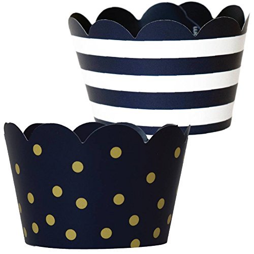 Navy Blue Cupcake Decorations - 36 Reversible Dark Blue and Gold Cupcake Wrappers | Nautical Baby Shower, Military Retirement, Police Birthday Party, Hanukkah, Graduation