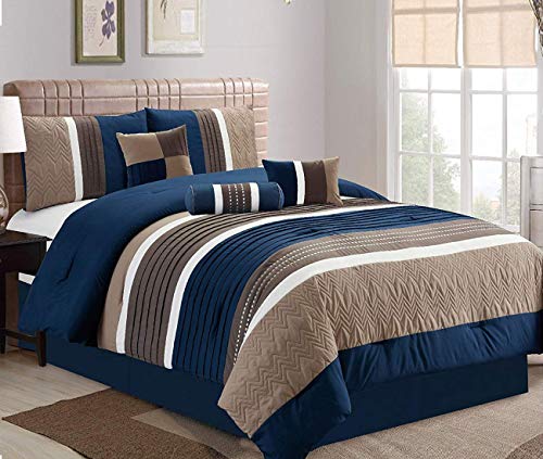 Book Cover JBFF Collection Bed in Bag 7PC Luxury Stripe Microfiber Comforter Set (King, Navy)
