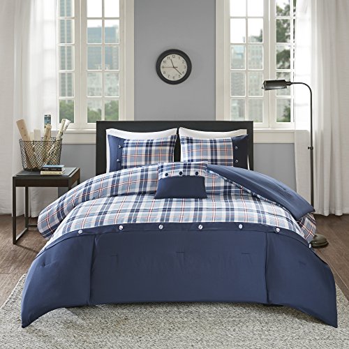 Book Cover Comfort Spaces Harvey Comforter Set Perfect for College Dormitory, Guest Room Bedding, Queen, Plaid Blue