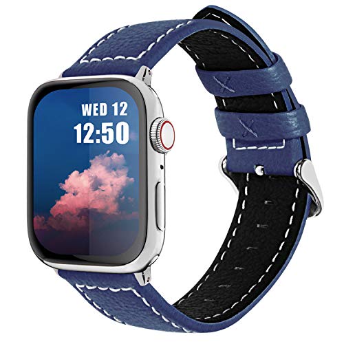Book Cover Fullmosa Compatible Apple Watch Band Leather 42mm 44mm 38mm 40mm for iWatch SE & Series 6/5/4/3/2/1,42mm/44mm Dark Blue + silver buckle