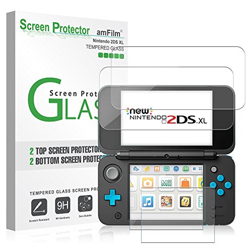 amFilm Nintendo 2DS XL Glass Screen Protector, [2 Glass Top, 2 Glass Bottom] Screen Protectors for New Nintendo 2DS XL 2017 (4 Protectors in Package)