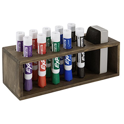 MyGift Wall Mounted Rustic Brown Solid Wood Dry Erase Marker Holder with 11 Slot Marker and Eraser Holder, Whiteboard Accessories Storage Organizer