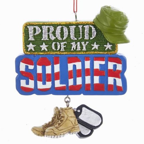 "PROUD OF MY SOLDIER" SIGN WITH BOOTS AND DOG TAGS DANGLE ORNAMENT