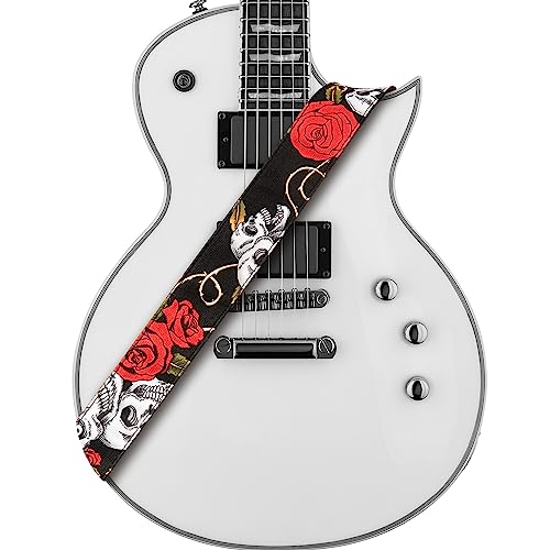 Amumu Skull Rose Guitar Strap Red Denim for Acoustic, Electric and Bass Guitars with Strap Blocks & Headstock Strap Tie - 2" Wide