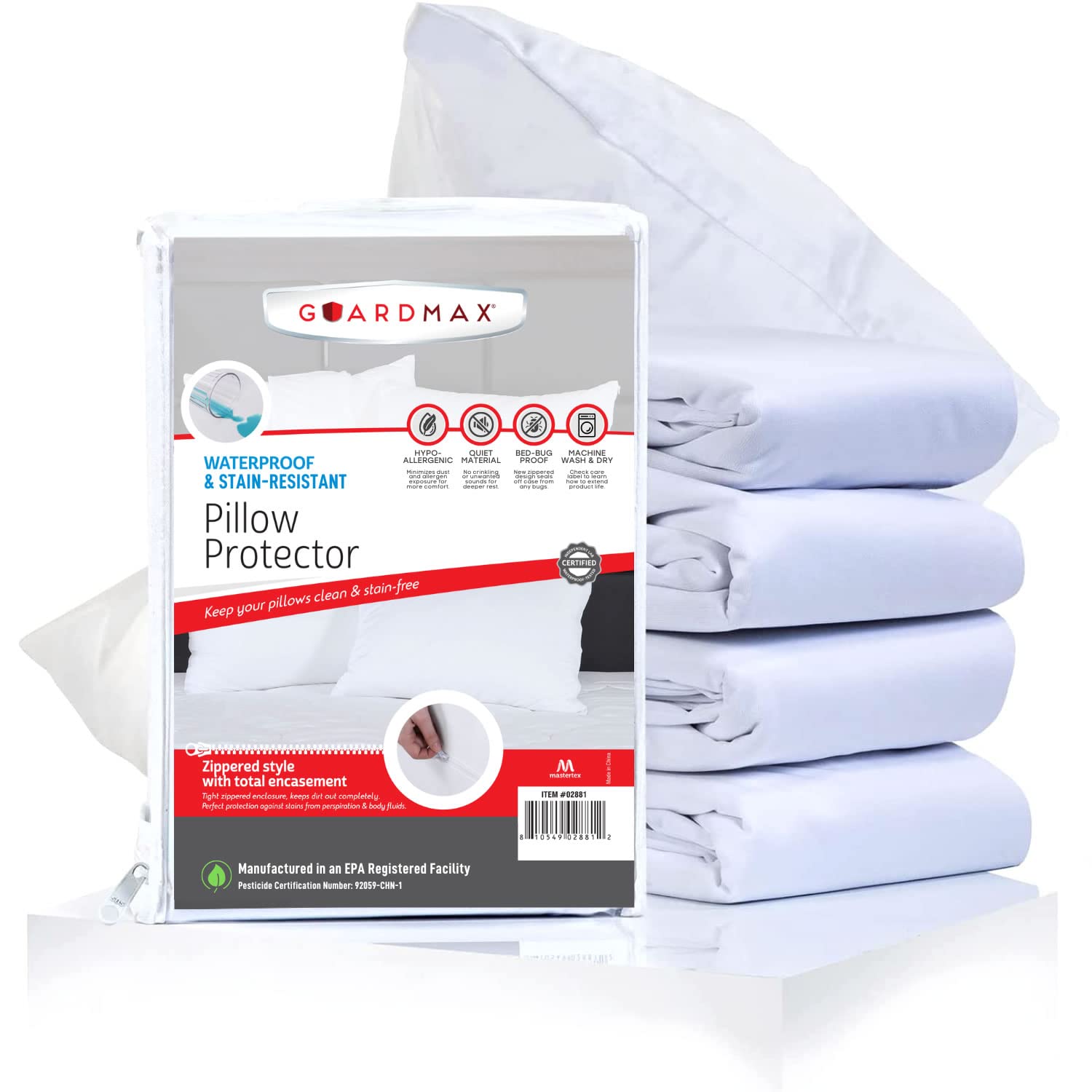 Guardmax Waterproof Pillow Protector Standard Size - Zippered Bed Bug Pillow Protector 4 Pack - Hypoallergenic Pillow Case Cover Protects from Bedbug, Dust Mite, and Liquid Spills - (20 X 26) Standard (20" x 26") 4