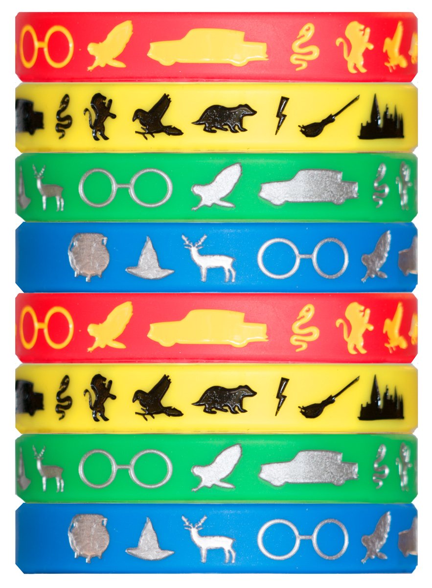 Book Cover Wizard Houses Silicone Wristbands - 8 Pack Party Favor Set (2 of Each Color) Makes a Great Stocking Stuffer - Makes a Great Gift Under $15