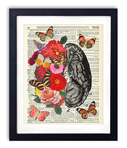 Vintage Anatomy Illustration Art, Dictionary Print, Antique Wall Art Home Decor, Modern Boho, Medical Posters, Farmhouse Decoration 8x10 Inches, Ready To Frame (Brain with Flowers and Butterflies)
