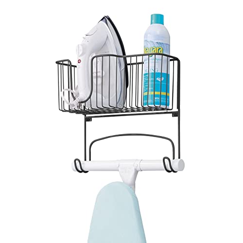 mDesign Metal Steel Wall Mount Ironing Board Organizer with Large Storage Basket for Laundry Rooms - Holds Iron, Board, Spray Bottles, Starch, Fabric Refresher, Easy Installation - Matte Black
