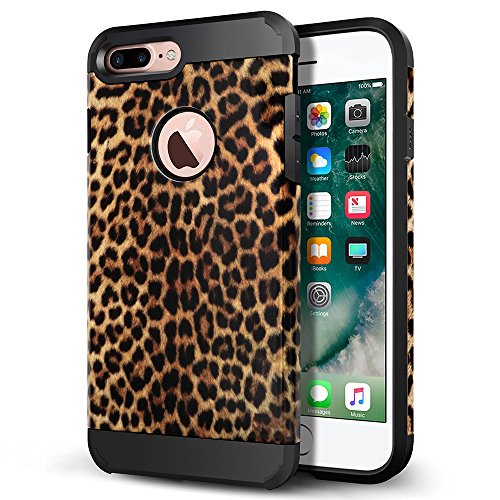 Book Cover iPhone 7 Plus Case, iPhone 8 Plus Case, LOEV Slim Fit Dual Layer Shockproof Protective Case, Black Rubber Bumper & Hard PC Back Armor Case Cover for Apple iPhone 7/8 Plus 5.5” - Leopard Print Pattern