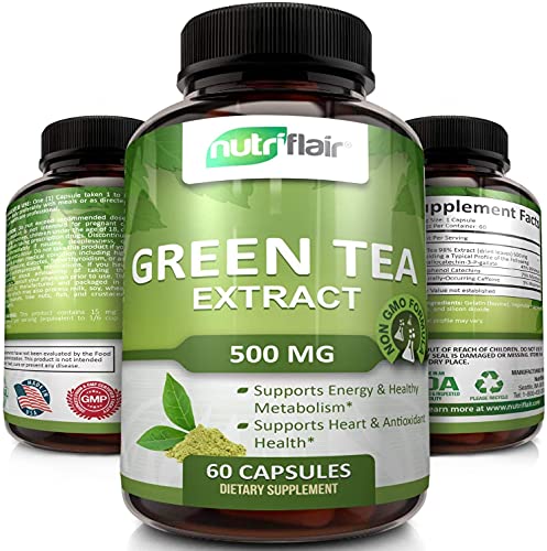 NutriFlair Green Tea Extract Supplement, 500mg per Capsule - Natural Weight Loss Supplement - Burns Fat, Boosts Metabolism, Antioxidant Rich, Promotes Healthy Heart (60 Capsules)