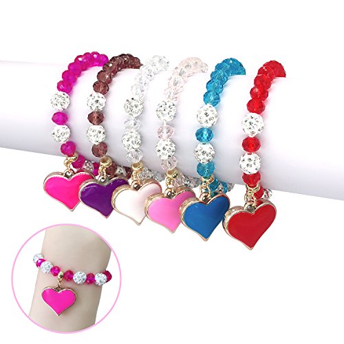 Elesa Miracle 6pc Little Girl Teens Kids Heart Pendant Crystal Beaded Bracelet Value Set Kids Girl Party Favor Pretend Play Bracelet