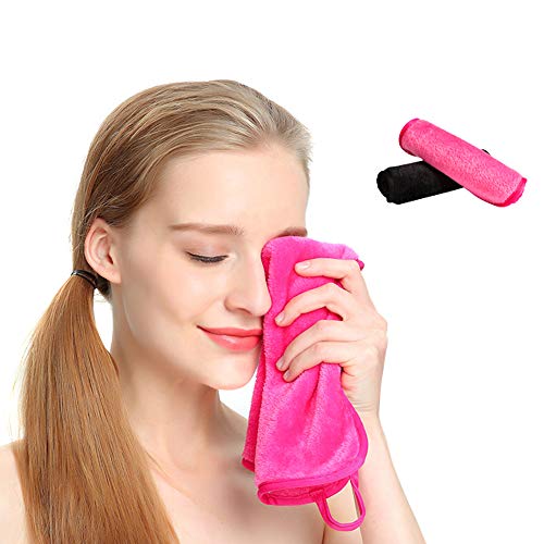 AuroTrends Makeup Remover Towel,2 Pack Reusable Chemical-free Microfiber Makeup Remover Cloths,Magically and Gently Wipe Away Cosmetics,Sunscreen,Oil and Dirt,Set of 2 (Pink+Black)