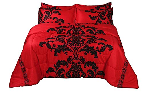 A Nice Night Boho Paisley Black Flower Soft Microfiber Comforter Set , Red Queen Modern Luxury Design Hotel Style All Season Comforter Set with Pillow Cases