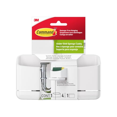 Command 17609-HWES Sink Caddy, Holder, 4-Medium Strips + 1 Scotch-Brite Sponge Included, White