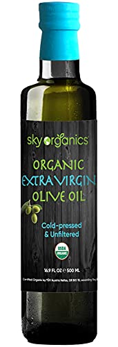 Sky Organics USDA Organic Extra Virgin Olive Oil- 100% Pure Greek Cold Pressed Unfiltered Non-GMO EVOO- For Cooking Baking - Hair & Skin Moisturizing, 16.9 oz