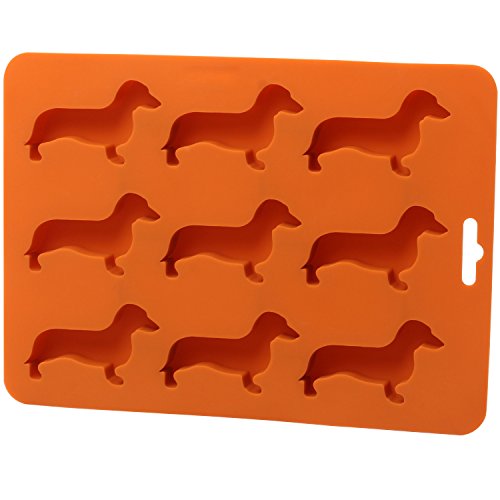 Book Cover 9 Cavity - Dachshund Dog Shaped Silicone Ice Cube Tray Flexible Ice Chocolate Candy Mold Ice Maker - Freezer Safe / Make Amazing 2.5 Inches Dachshund Ice Cubes (Coral Gold)