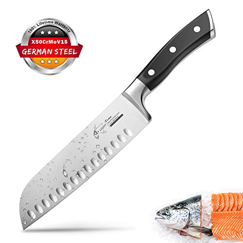 Santoku Knife Kitchen Knife Professional Japanese Chef Knife, 7 Inch Sharp Blade with Hollow Edge, Full Tang Forged by German HC Stainless Steel with Ergonomic Handle