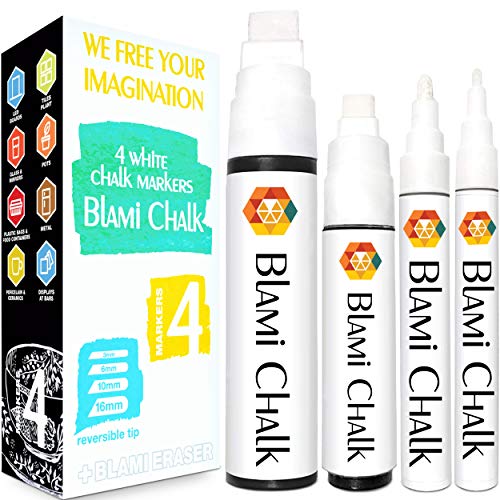 Blami Arts White Chalk Markers 4 Pack - Reversible Fine and Jumbo Tips 16mm - 10mm - 6mm - 3mm - Chalkboard Pens for Bistro Glass Windows - Eraser Sponge Included