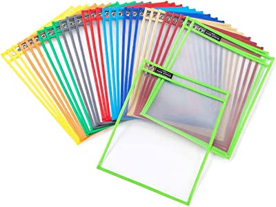 Book Cover Dry Erase Pockets Sheet Protectors - Reusable + Oversized - Size 10 X 13 Inches - 30 Plastic Sleeves - Mixed Colors - Ideal to use at School or at Work