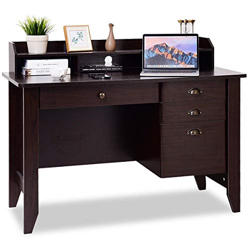 Tangkula Computer Desk with 4 Storage Drawers & Hutch, Home Office Desk Wooden Frame Vintage Style Desk with Storage Shelves, Executive Desk Writing Study Desk (Brown)