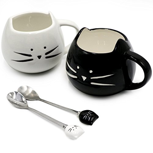 Book Cover Koolkatkoo Cute Cat Mug Ceramic Coffee Mugs Set Gifts for Women Girls Cat Lovers Funny Small Cup with Spoon 12 oz Black and White â€¦