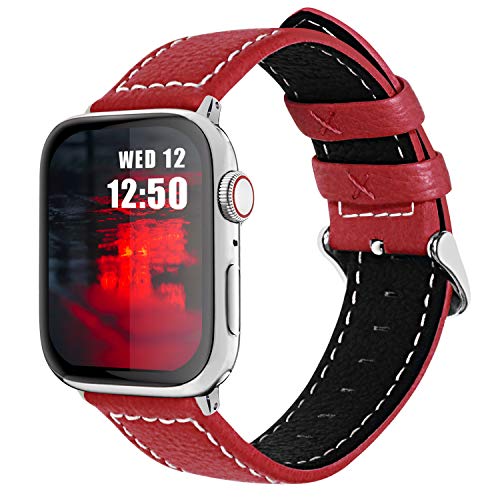 Book Cover Fullmosa Compatible Apple Watch Band Leather 42mm 44mm 45mm 38mm 41mm 40mm for iWatch SE & Series 7/6/5/4/3/2/1,42mm/44mm/45mm Red + Silver Buckle