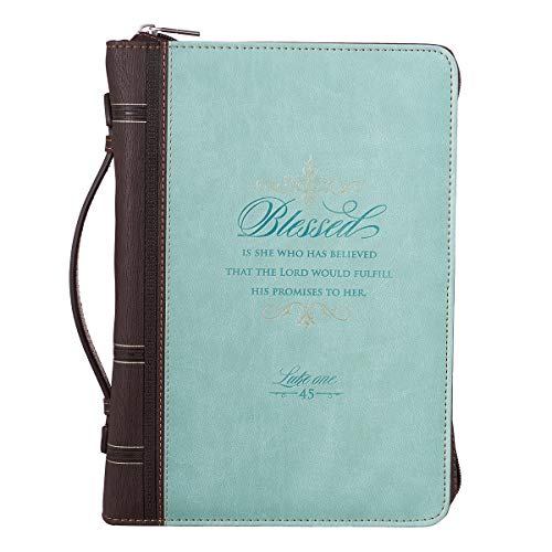Light Blue and Brown Faux Leather Fashion Bible Cover | Blessed is She Who Has Believed Luke 1:45 | Bible Case Book Cover for Women, Medium