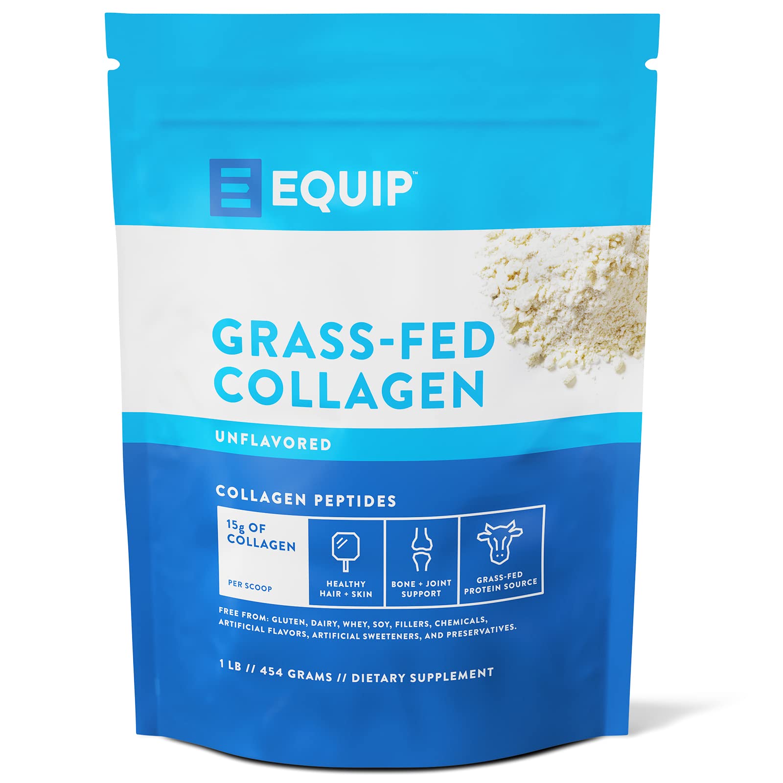 Book Cover Equip Foods Grass Fed Collagen Powder -100% Hydrolyzed Bovine Collagen Peptides with Amino Acids - Prime Beef Collagen for Healthy Joints, Skin, & Nails - 1 Pound, Unflavored