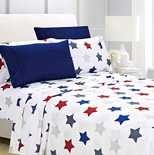 Book Cover American Home Collection Deluxe 6 Piece Printed Sheet Set Highest Quality Of Brushed Fabric, Deep Pocket Wrinkle Resistant - Hypoallergenic (Twin, Union Stars)