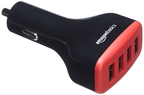 Book Cover AmazonBasics 4-Port Multi USB Car Charger for Apple and Android Devices, 9.6 Amp 48W, Black and Red