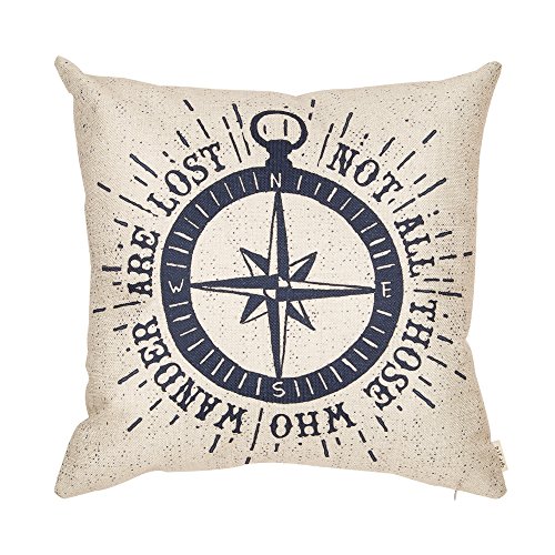 Book Cover Fjfz Not All Those Who Wander Are Lost Inspirational Travel Quote Decoration with Nautical Compass Rose Vintage DÃ©cor Cotton Linen Home Decorative Throw Pillow Case Cushion Cover Sofa Couch, 18