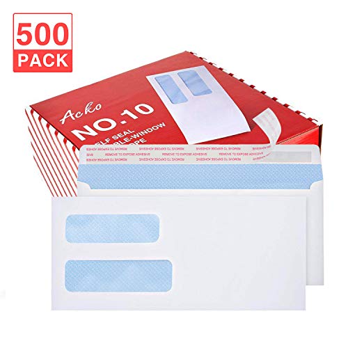 Acko #10 500Pack Double Window Envelopes Quick-Seal Closure Envelopes 4 1/8 x 9 1/2,Security Tint Pattern Designed for Home Office Secure Mailing,Letters and Invoices - White Envelopes 500 Count