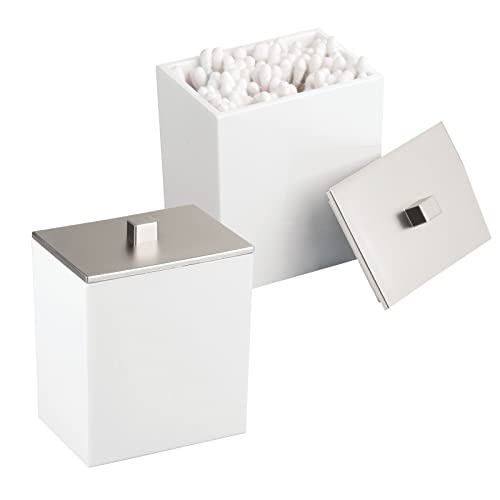 mDesign Plastic Rectangle Apothecary Canister - Organizer for Bathroom Vanity Countertop Shelf Decor - Holds Cotton Swabs, Soap, Makeup, Bath Salts - Lumiere Collection - 2 Pack - White/Brushed Chrome