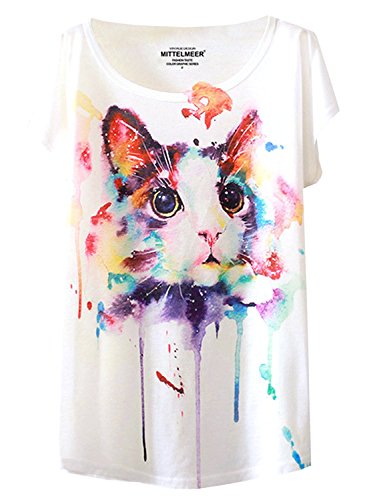 FUTURINO Women's Cute Cat Graphic Abstract Paint Splatter Casual T-Shirt Top