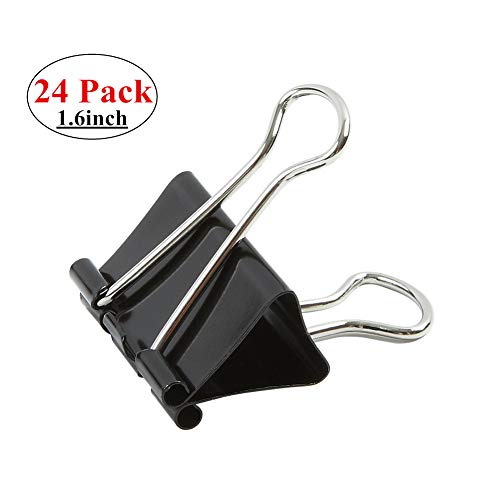 Book Cover Large Binder Clips 1.6-Inch Paper Clamp Holding Capacity Black and Silver Steel(24-Pack)