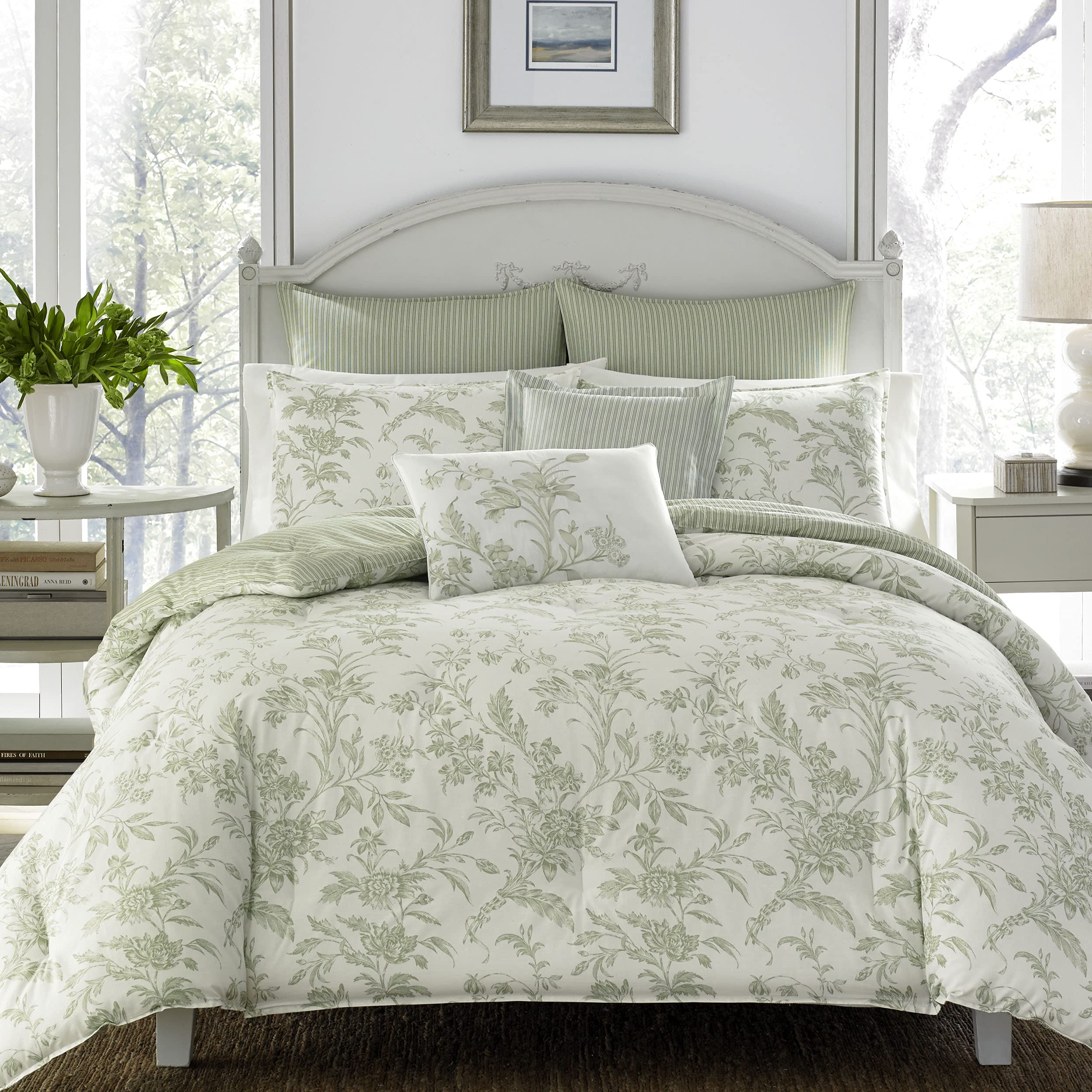 Book Cover Laura Ashley Home - Twin Size Comforter Set, Reversible Cotton Bedding, Includes Matching Sham with Bonus Euro Sham & Throw Pillows (Natalie Sage/Off White, Twin) Sage/Off White Twin